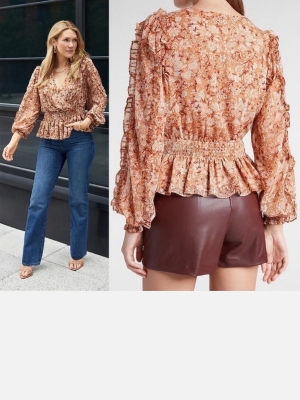 Express Rust Floral Smocked Peplum Blouse